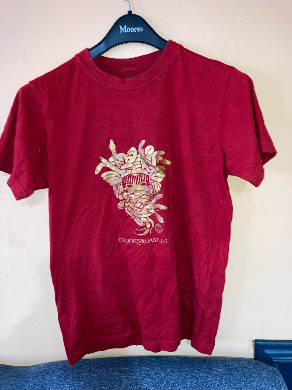 Crooks & Castles Red Tee with Gold Medusa Graphic
